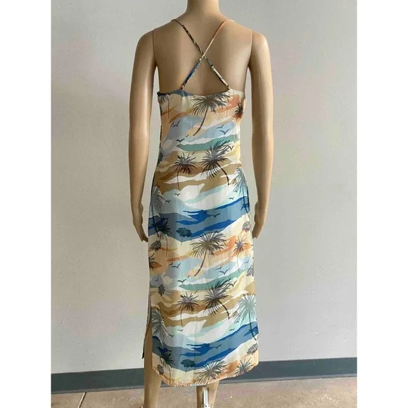 GREYLIN Tropical Palm Tree Cowl Neck Slip Dress Blue Tan XS - Picture 4 of 7